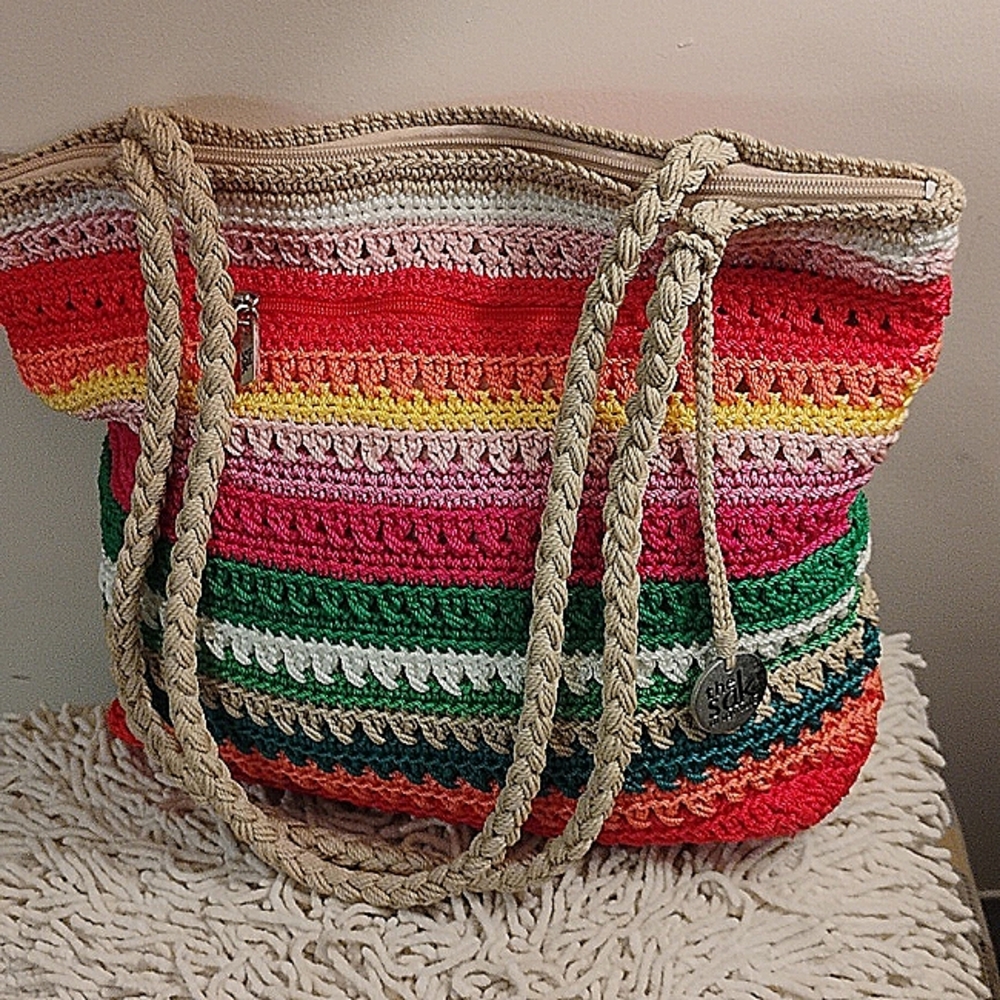 The Sak Rainbow Striped Crochet Double Handle Shoulder Bag